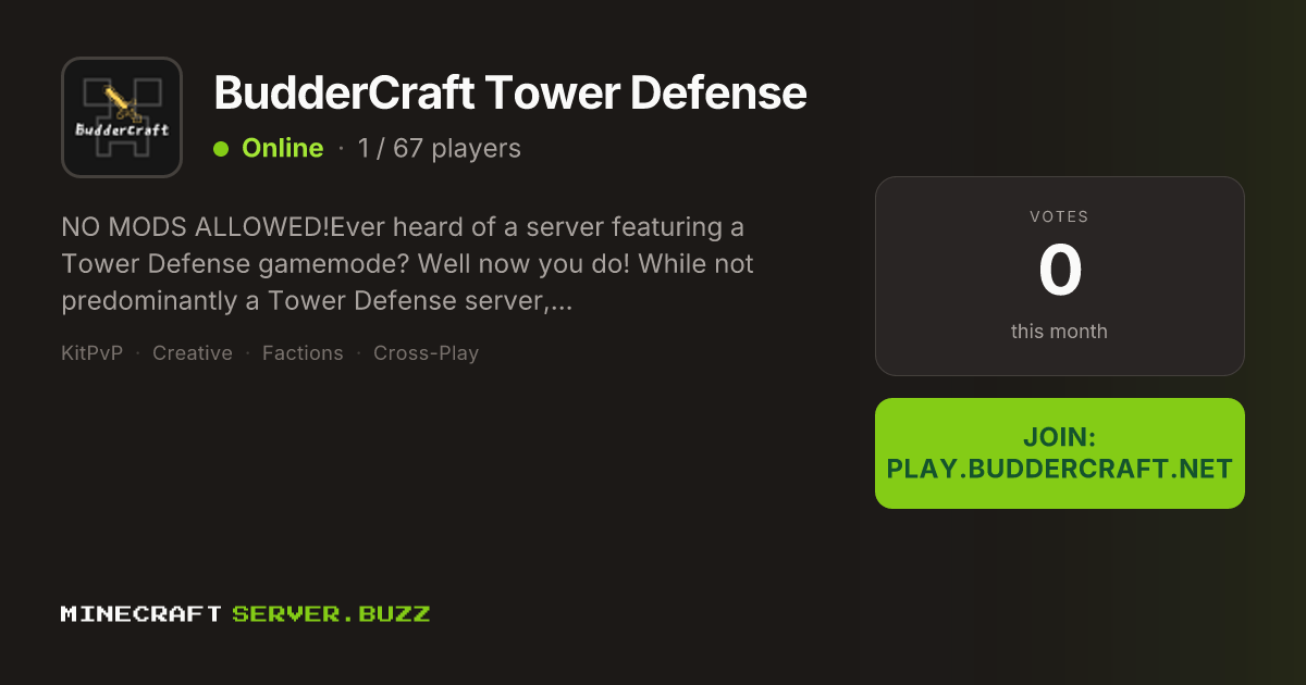 BudderCraft Tower Defense — Minecraft Server IP, Players Online & Vote