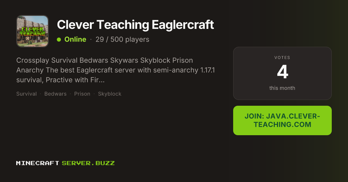 Clever Teaching Eaglercraft — Minecraft Server IP, Players Online & Vote