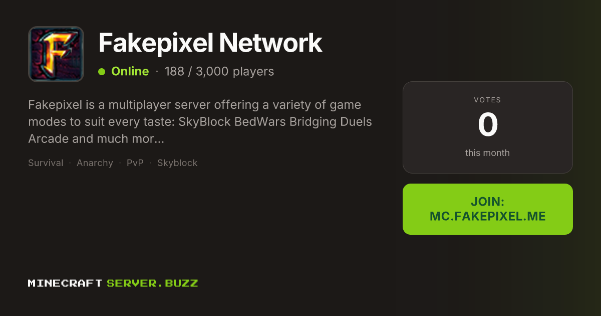 Fakepixel Network — Minecraft Server IP, Players Online & Vote