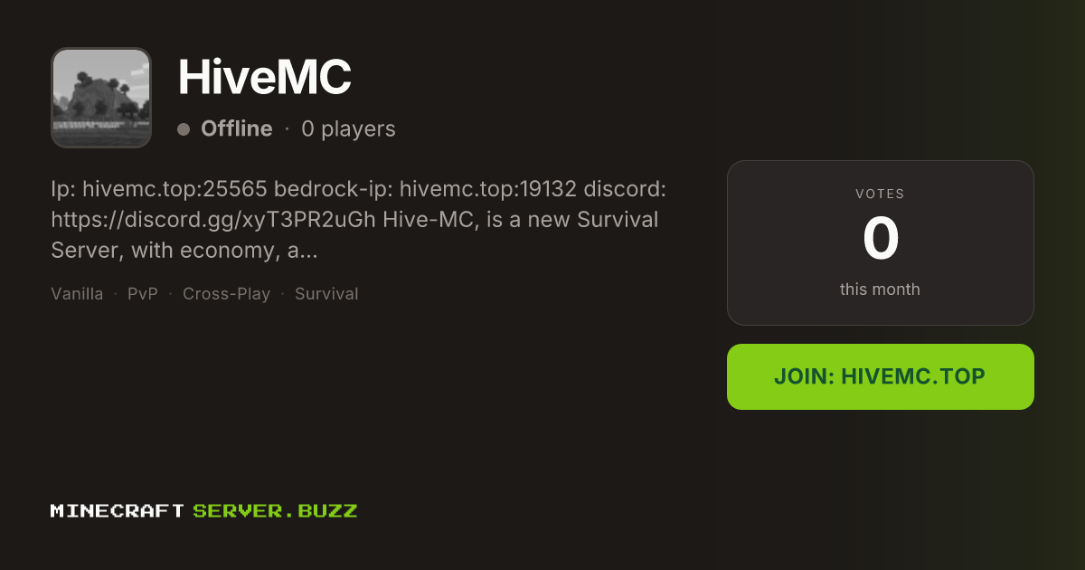 HiveMC — Minecraft Server IP, Players Online & Vote
