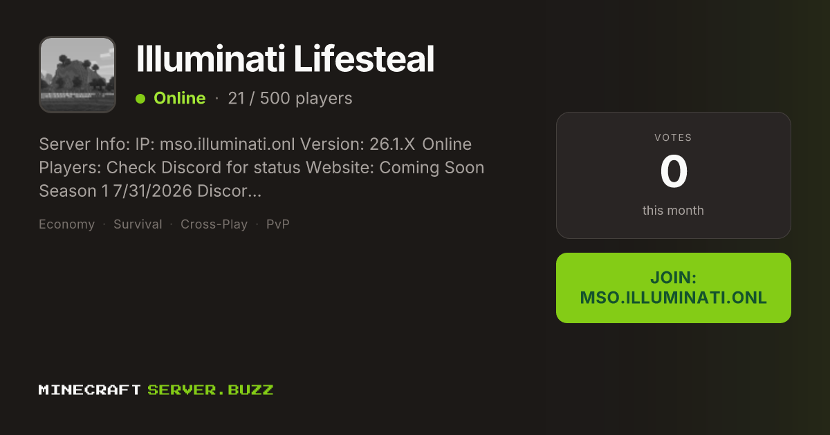 Illuminati Lifesteal — Minecraft Server IP, Players Online & Vote