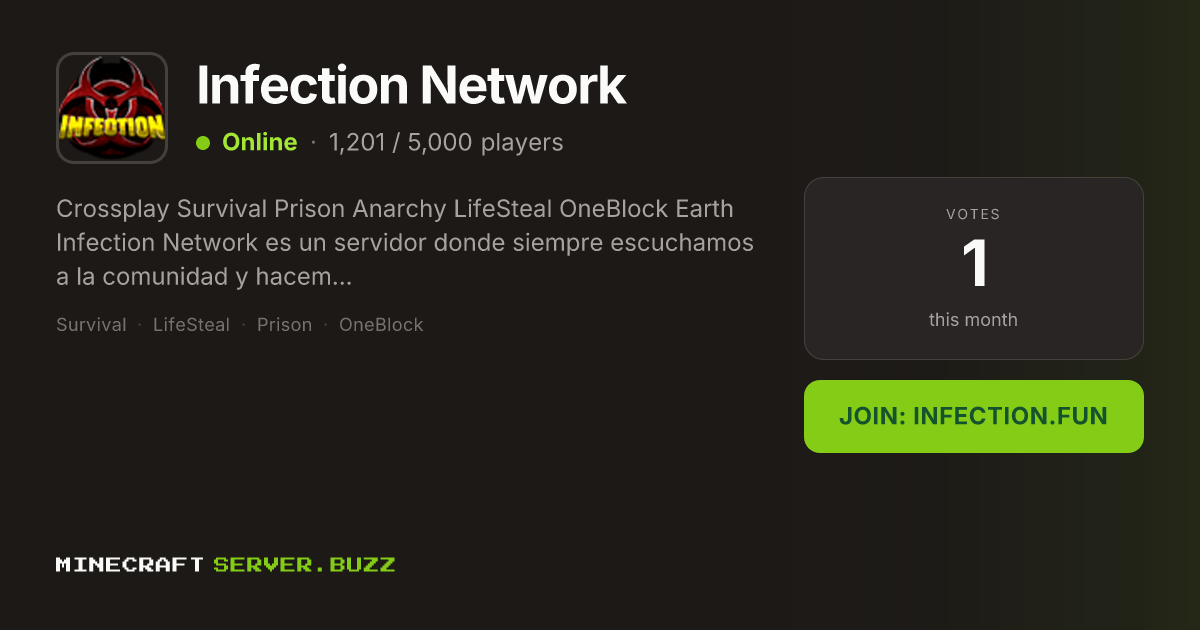 Infection Network — Minecraft Server IP, Players Online & Vote