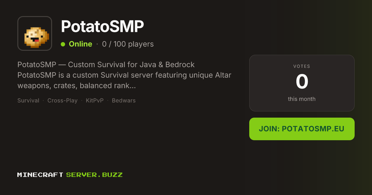 PotatoSMP — Minecraft Server IP, Players Online & Vote