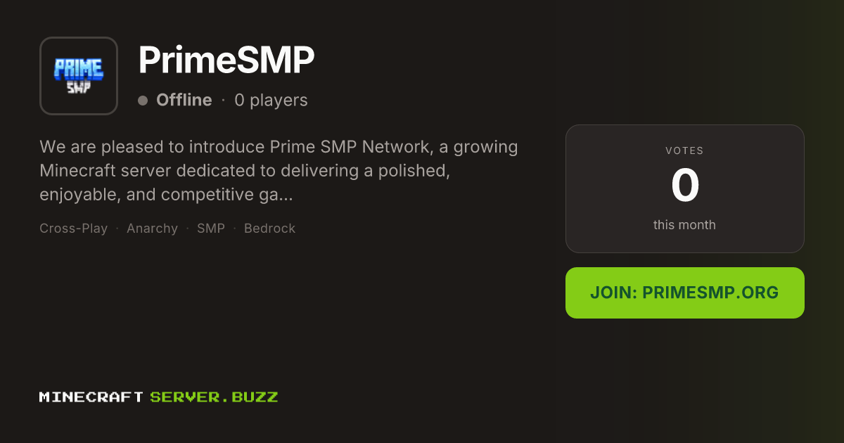 PrimeSMP — Minecraft Server IP, Players Online & Vote