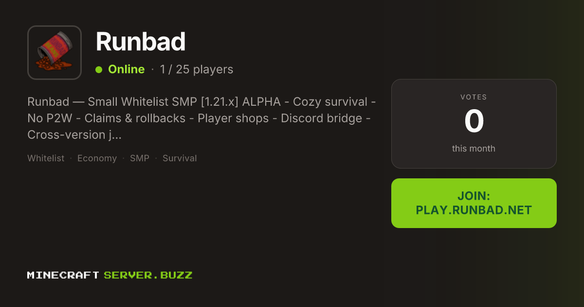 Runbad — Minecraft Server IP, Players Online & Vote