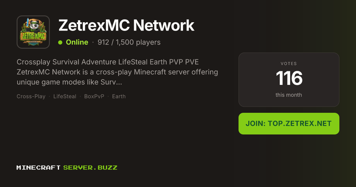 ZetrexMC Network — Minecraft Server IP, Players Online & Vote